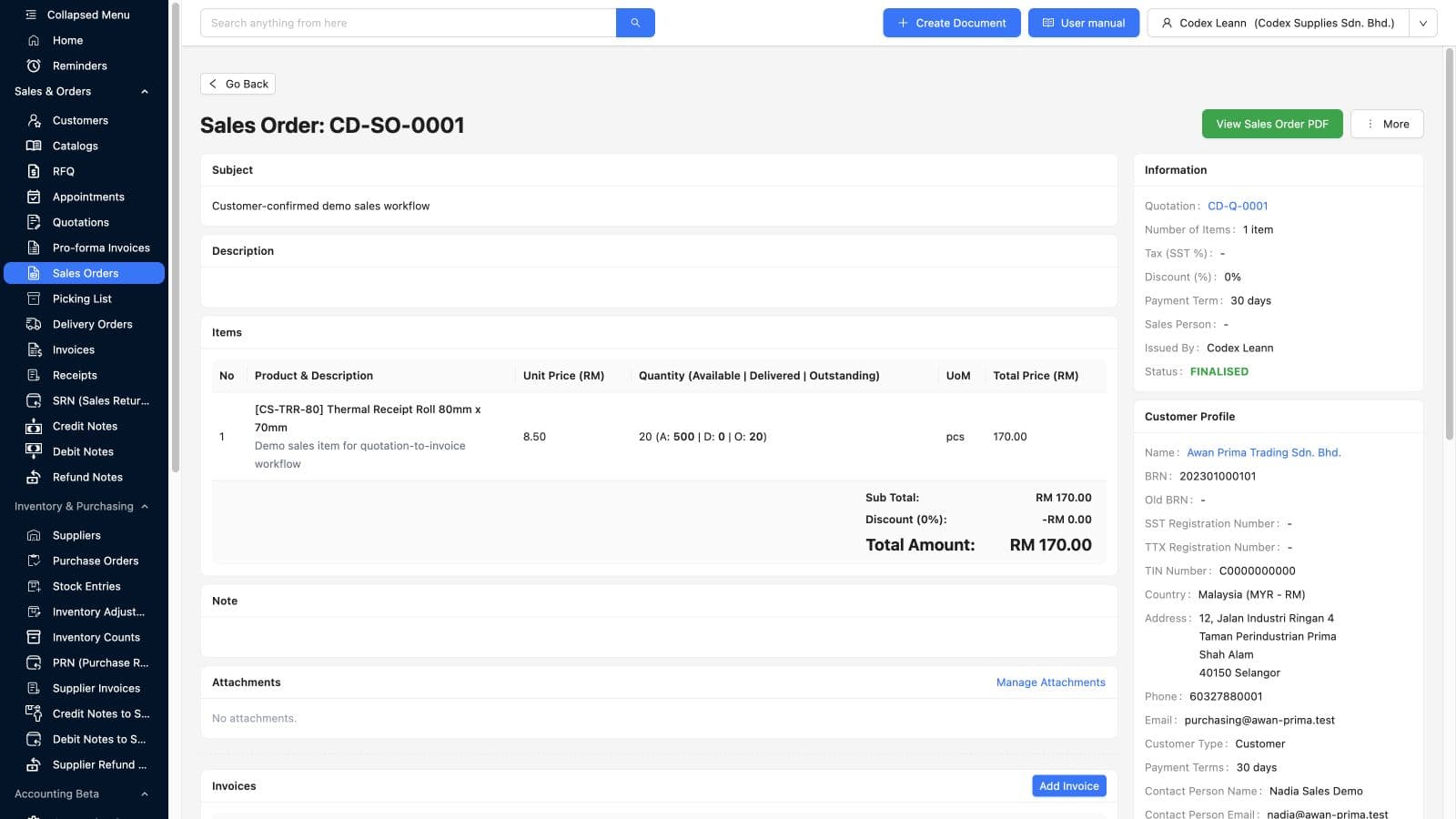 Existing TREX Grow demo sales order with quotation reference, finalised status and 20 ordered, 0 delivered and 20 outstanding units