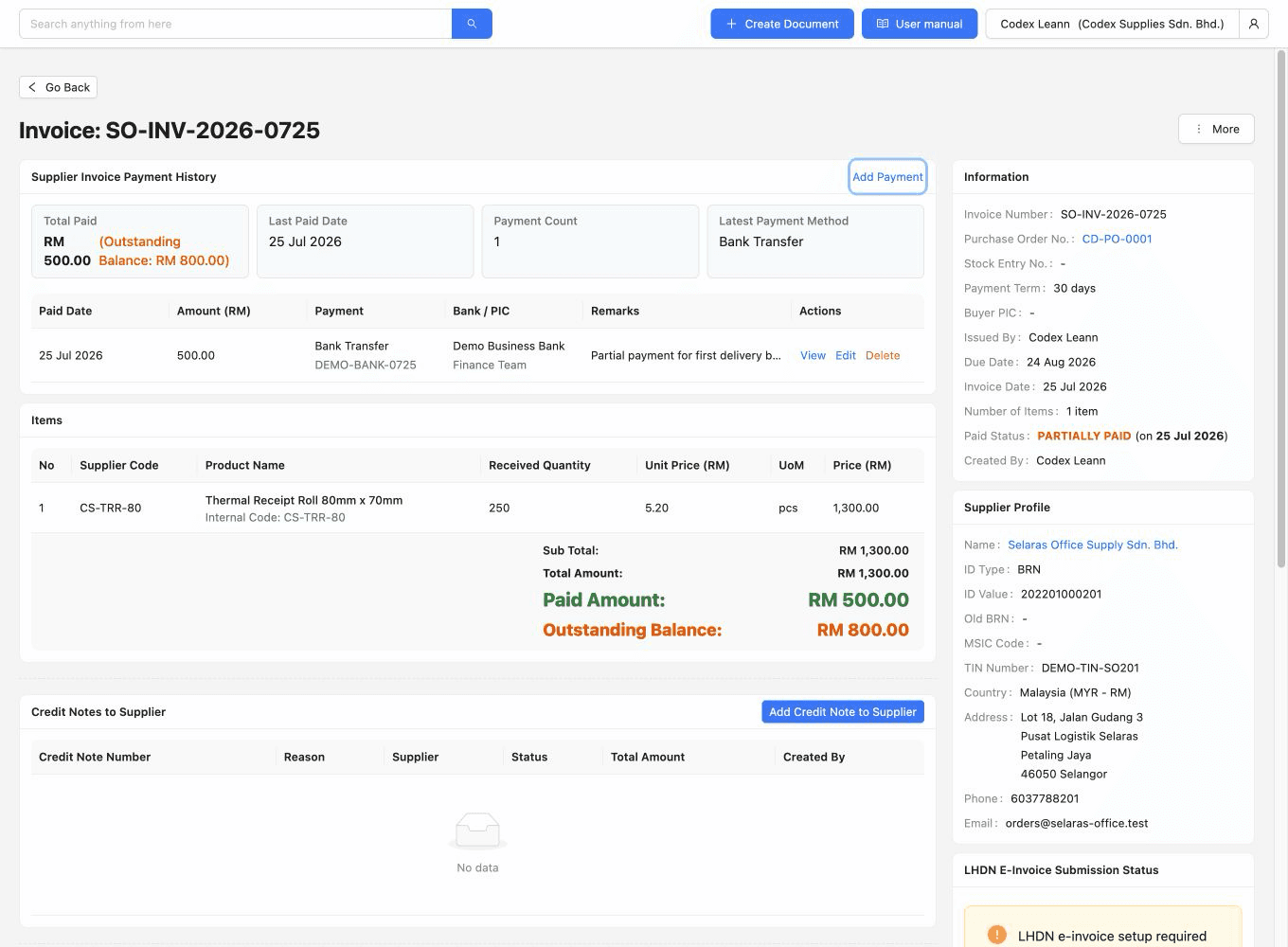 TREX Grow demo supplier invoice with payment history showing RM500 paid and an RM800 outstanding balance