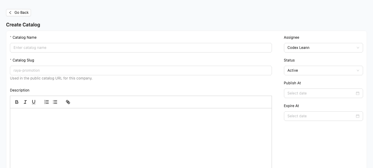TREX Grow create catalog screen with catalog name, slug, assignee and publish settings
