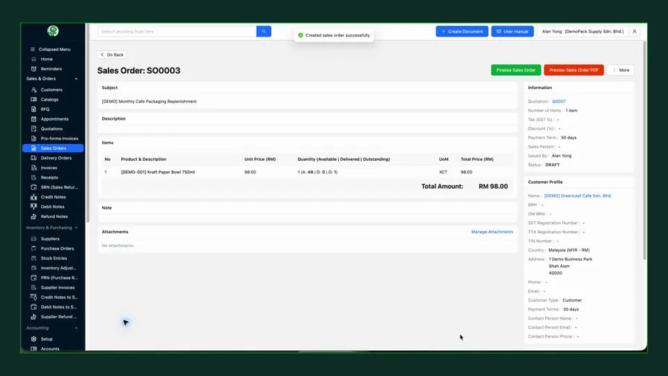 Completed TREX Grow Sales Order S00003