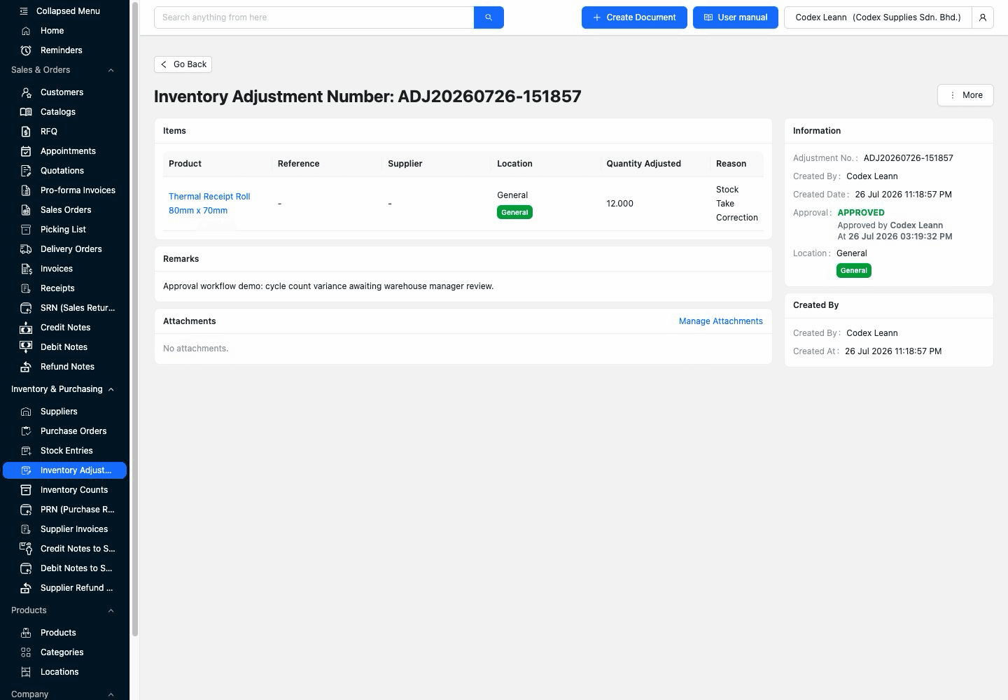 TREX Grow inventory adjustment showing Approved status with visible approver identity and approval timestamp on the same demo record