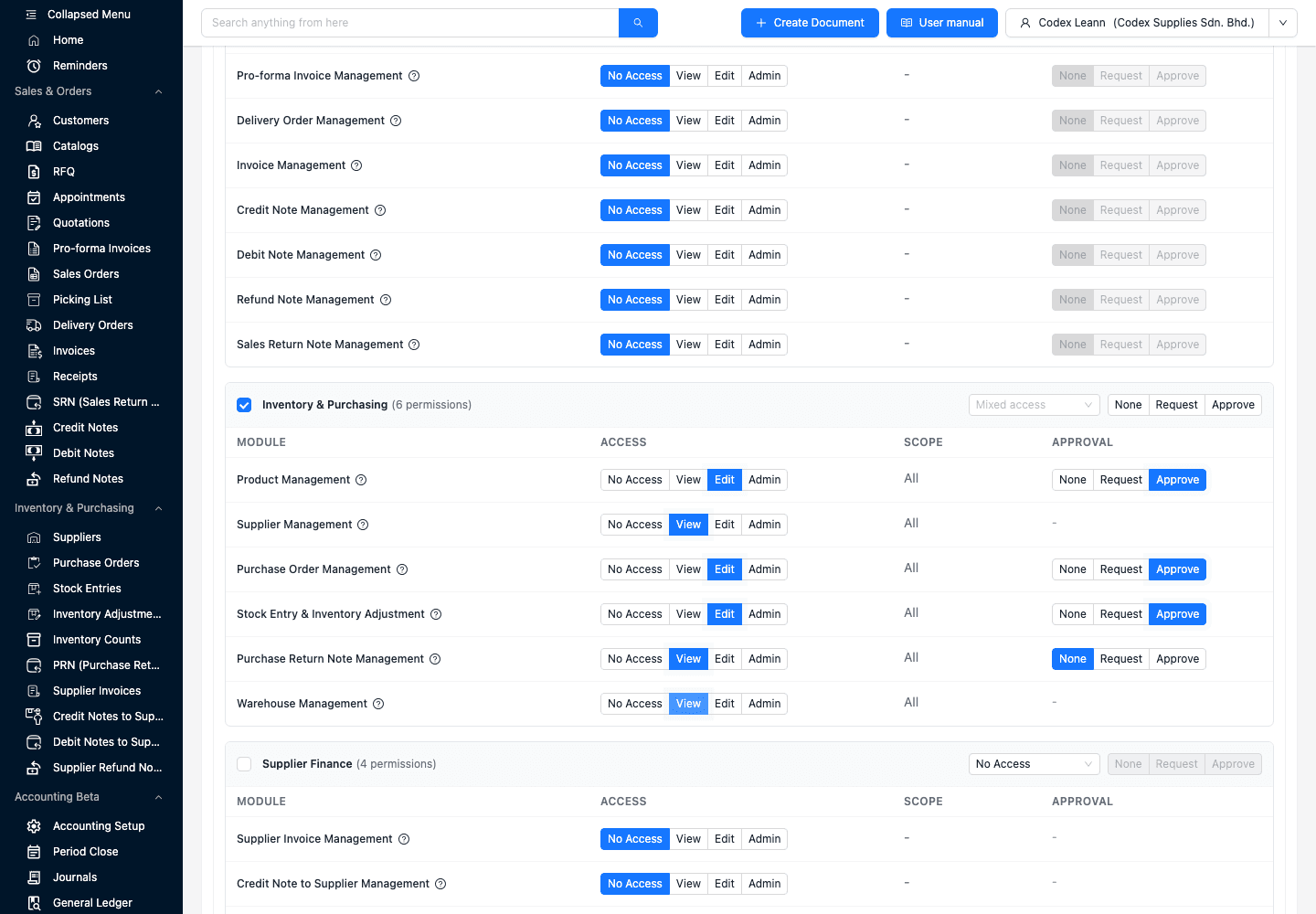 TREX Grow user permission matrix showing mixed Inventory and Purchasing access with Approve enabled for Product Purchase Order and Stock Entry modules