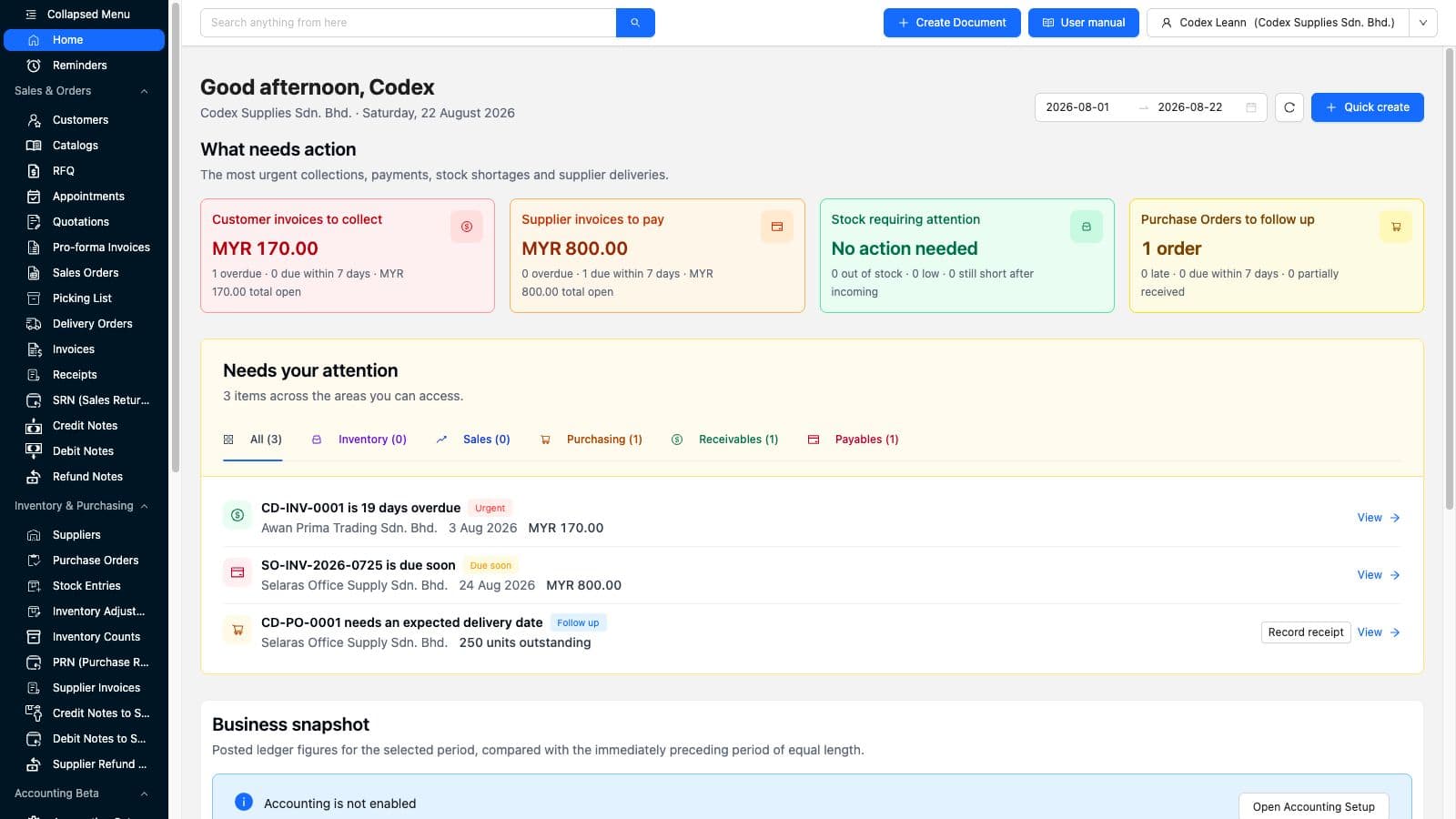 TREX Grow safe-demo action dashboard showing overdue customer invoice, supplier invoice due soon, purchase order missing a delivery date and source-record links