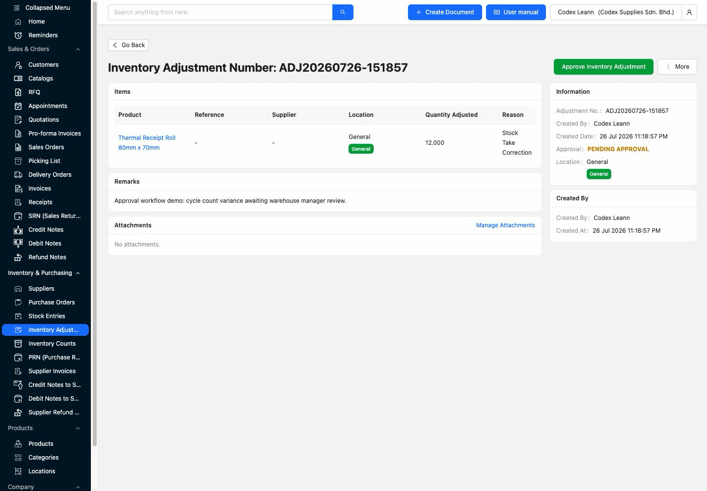 TREX Grow inventory adjustment awaiting approval with product, location, adjusted quantity, correction reason, remarks, creator, and approve action visible