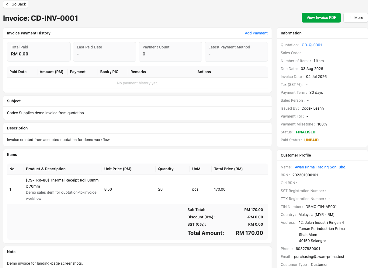 TREX Grow invoice detail showing a linked quotation, customer, items, totals, due date, invoice status, paid status, and payment history