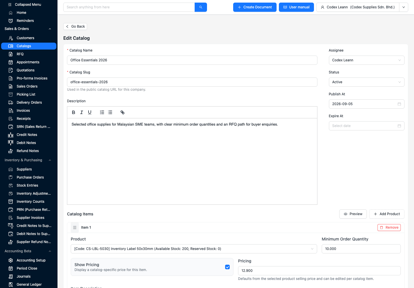 TREX Grow Edit Catalog screen showing name, slug, description, assignee, Active status, publish date, product, MOQ and Show Pricing controls