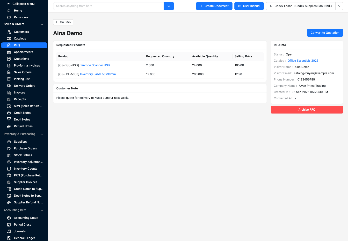 TREX Grow received RFQ screen showing requested and available quantities, selling prices, customer note, linked source catalog and Convert to Quotation action
