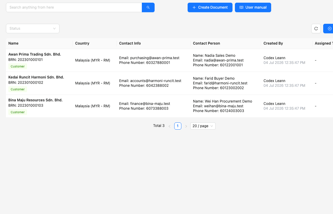 TREX Grow customer workspace showing customer records and contact details