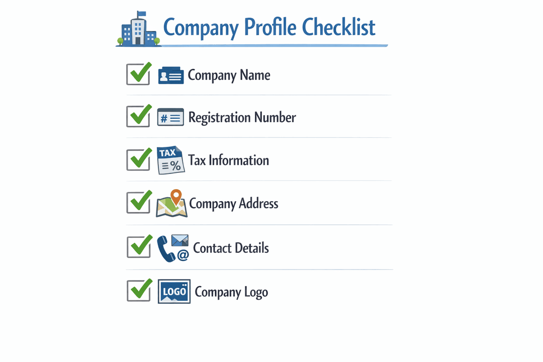 Checklist of company profile information required for business documents.