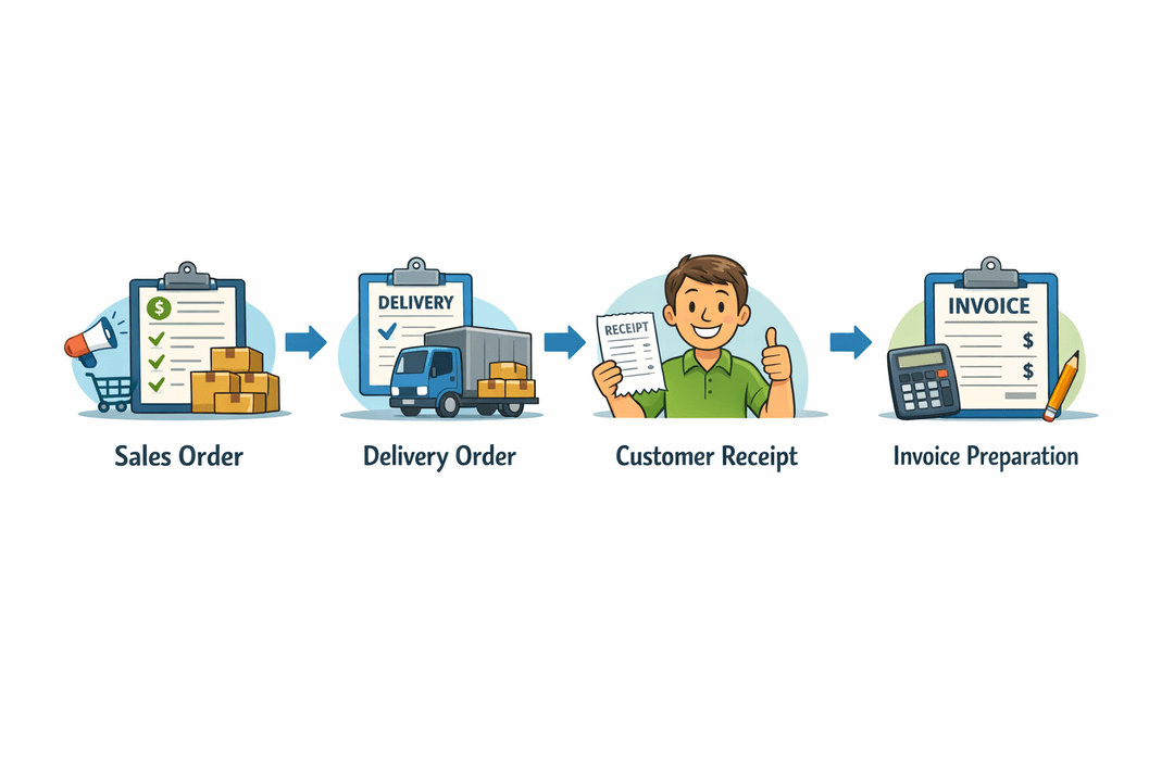 Workflow from confirmed order through delivery confirmation to invoice preparation