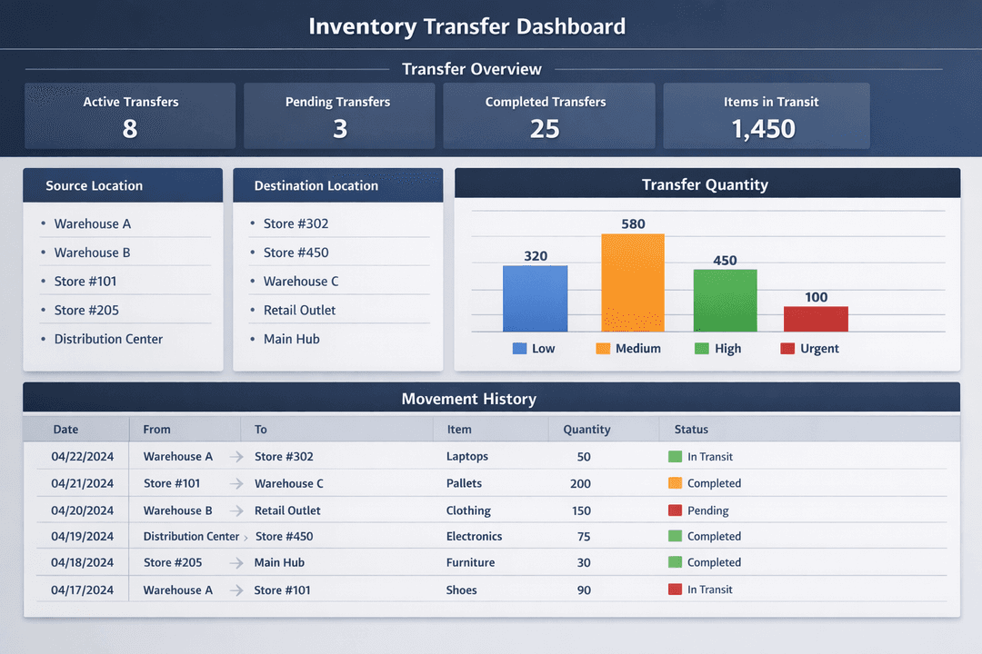 Digital inventory transfer records with warehouse locations