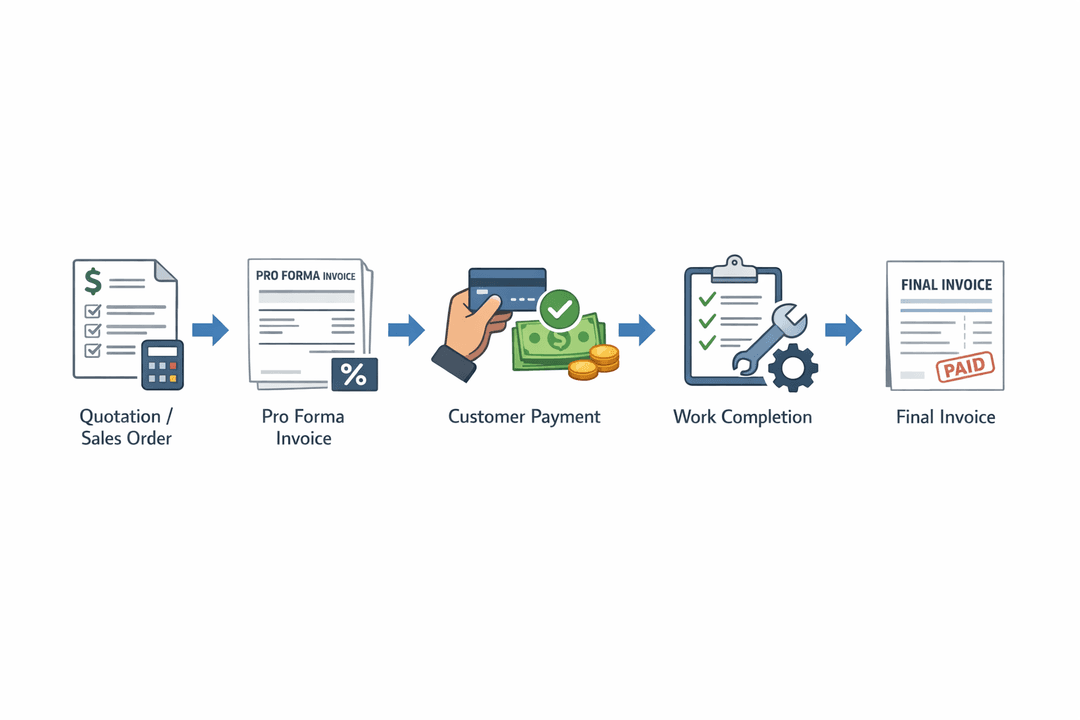 Workflow from quotation or sales order to pro forma invoice and final invoice